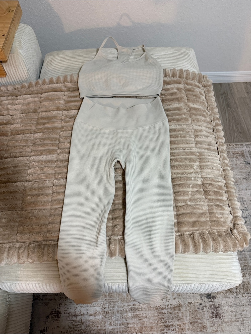 Three piece super soft waffle knit in color ecru!